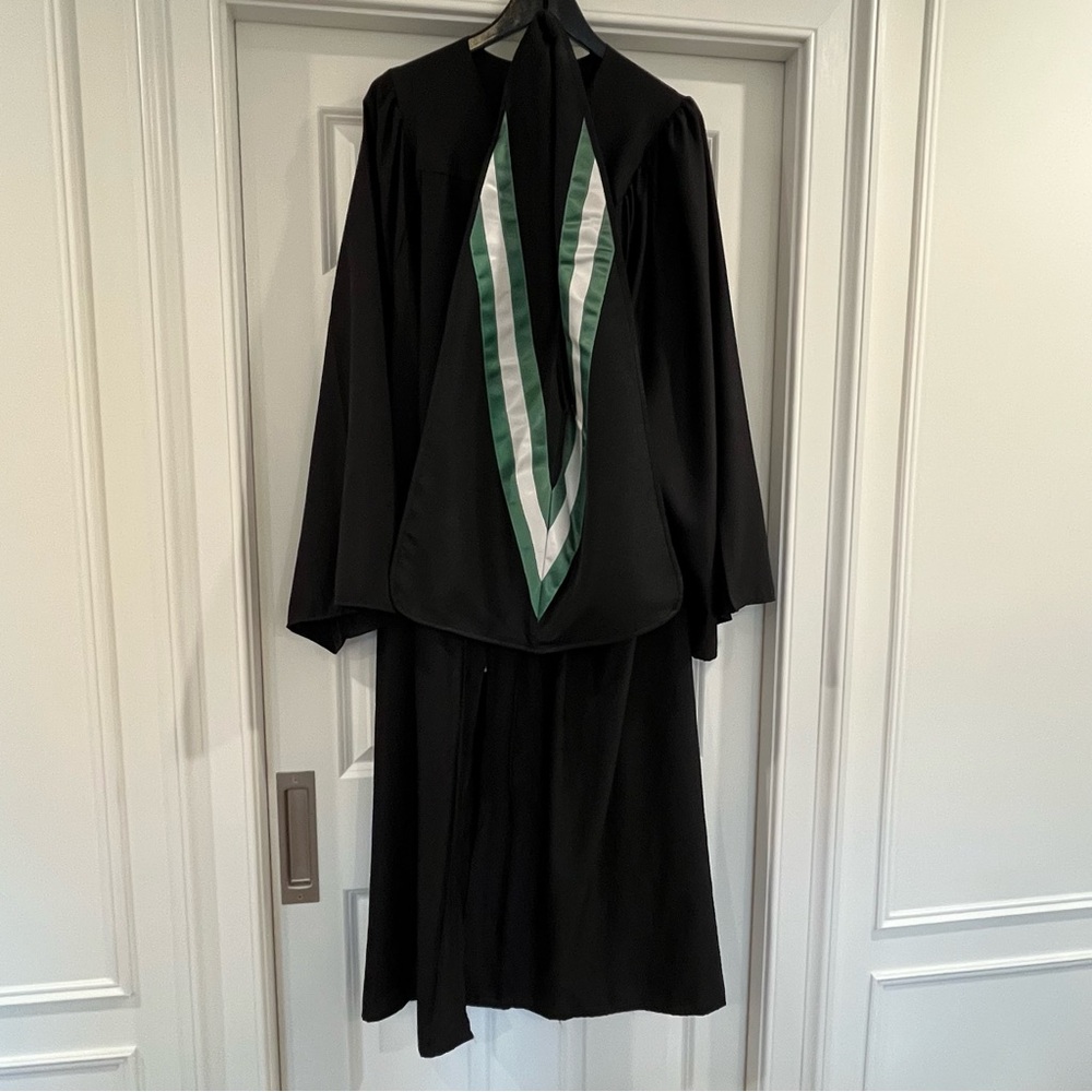 Unisex Black Graduation Gown with Green and White Stole